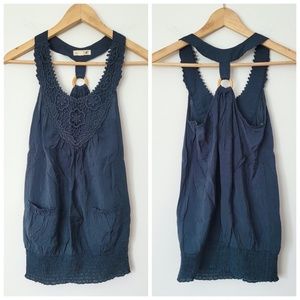 Y2K Dark Blue Embroidered Crochet Top Wood Accent Boho Racerback Sleeveless // S